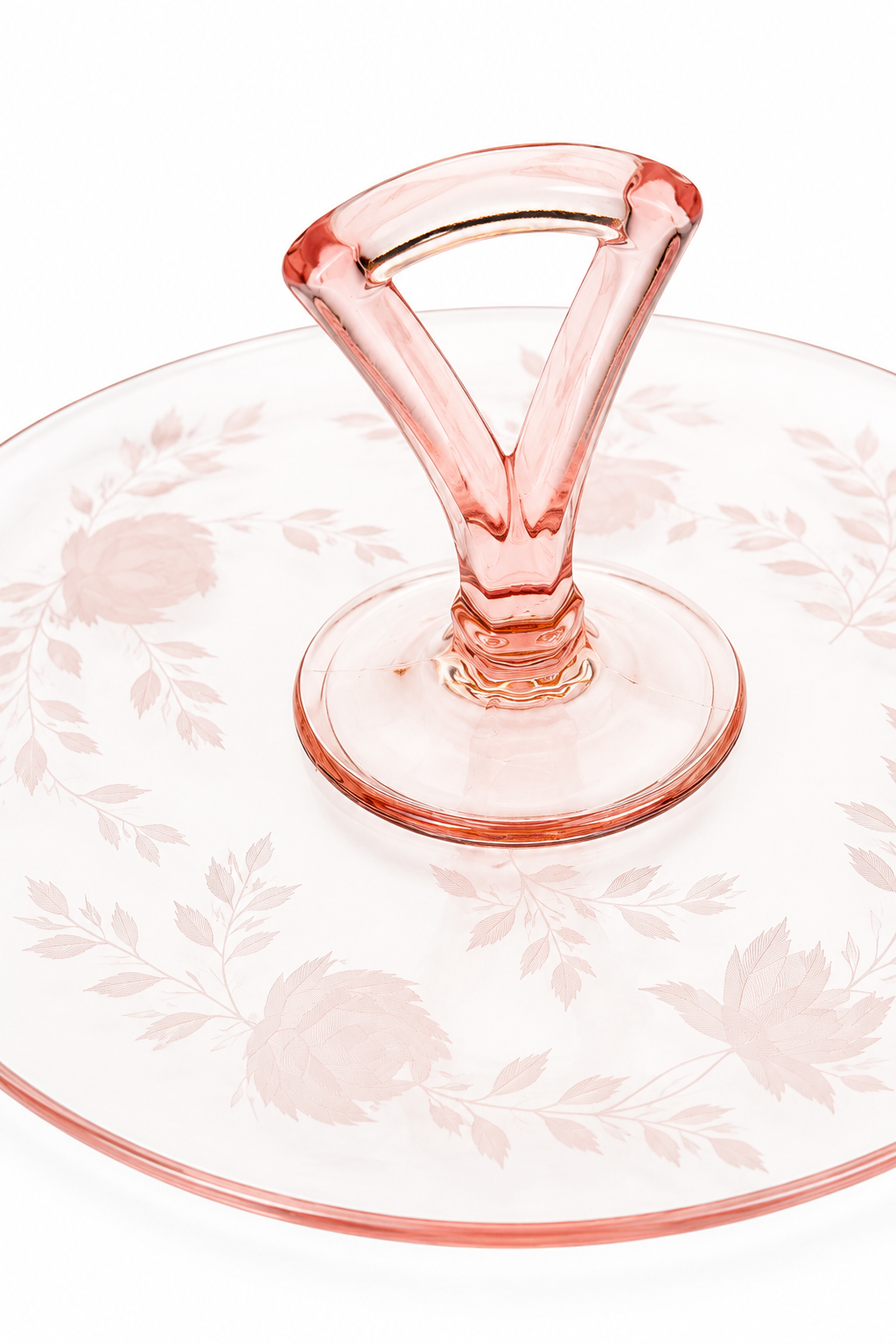 Vintage Pink Depression Glass Handled Serving Tray | Etched Floral Glass Platter | 1930s-50s Elegant Display Plate