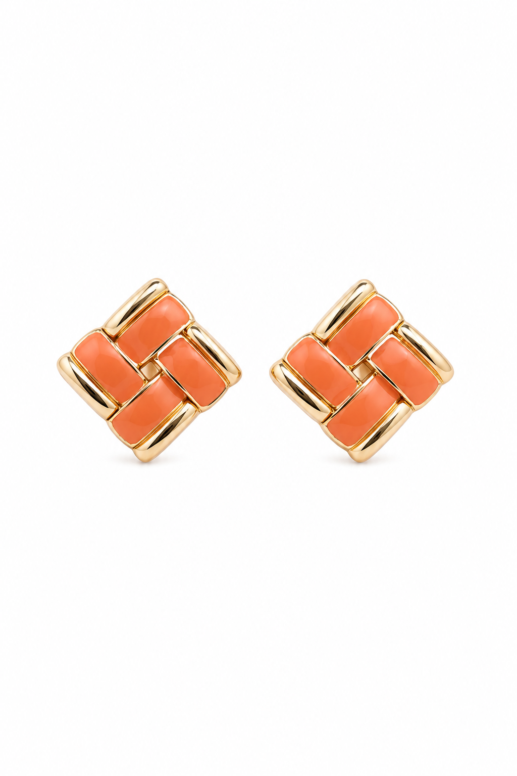 Vintage 1980s Orange & Gold Tone Stud Earrings | Geometric Statement Earrings
