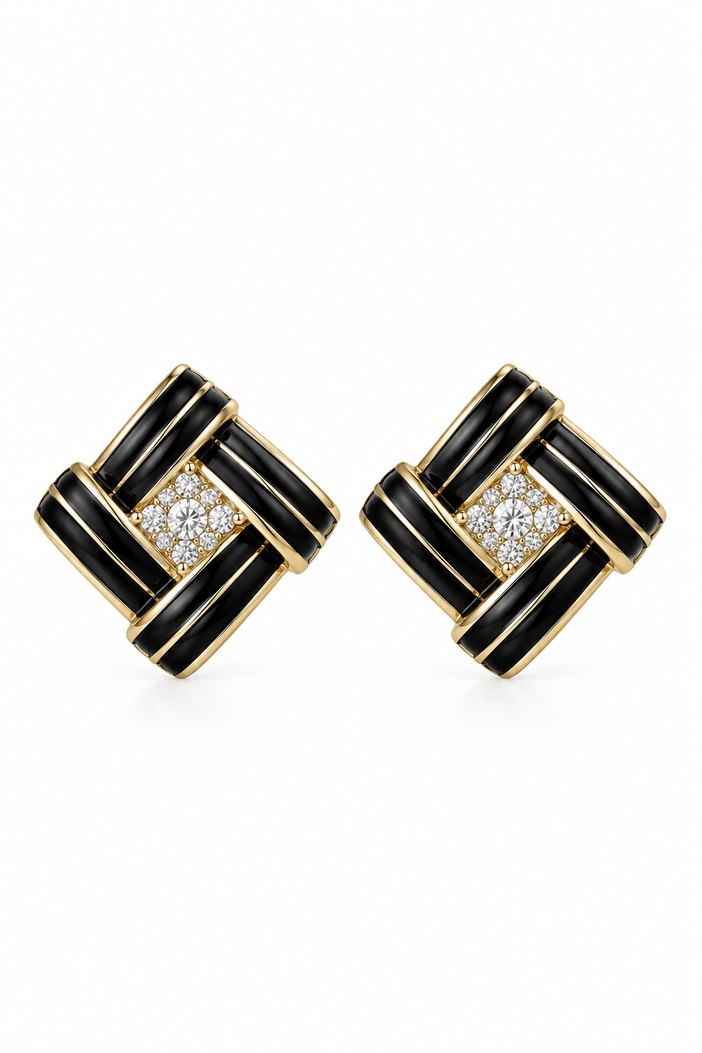 Vintage 1970s–1990s Avon Black & Gold Tone Geometric Rhinestone Clip-On Earrings 1”