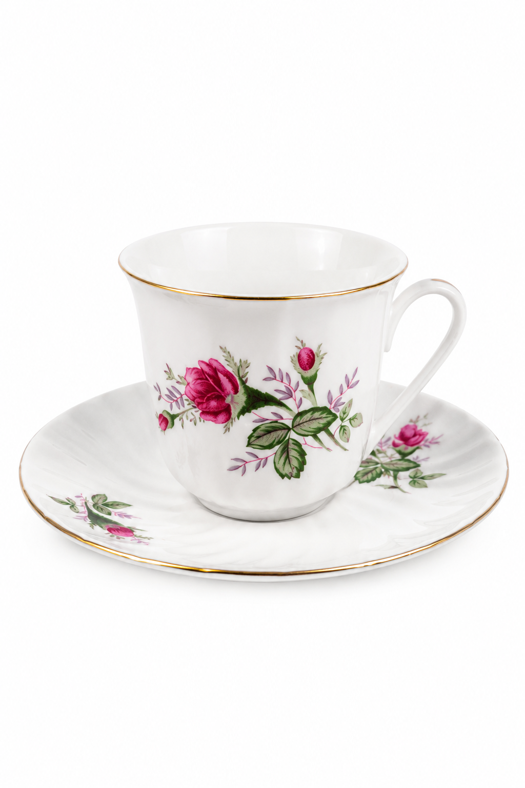 Vintage Pink Rose Floral Teacup & Saucer Set with Gold Trim