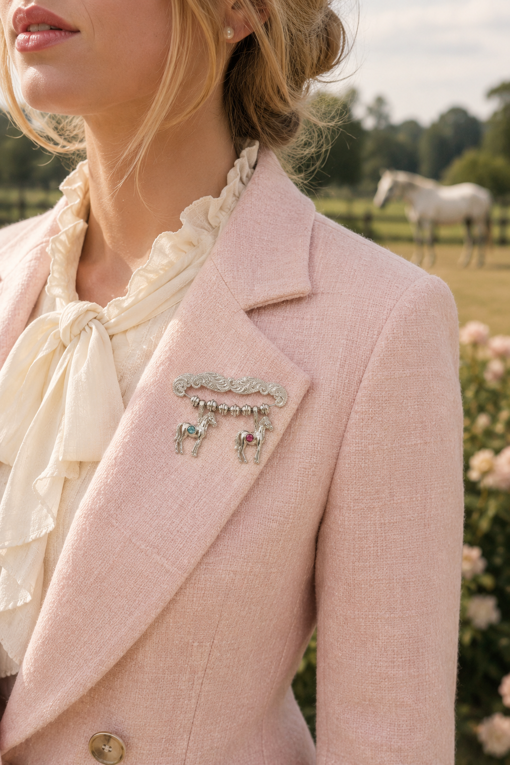Vintage 1950s–1980s Western Silver-Tone Equestrian Horse Dangle Brooch with Rhinestones