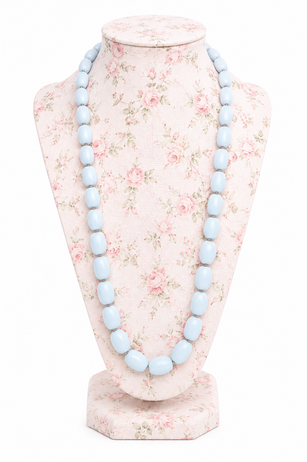 Vintage 1960s Baby Blue Graduated Beaded Necklace | Chunky Barrel Bead Retro Statement Necklace – 29”
