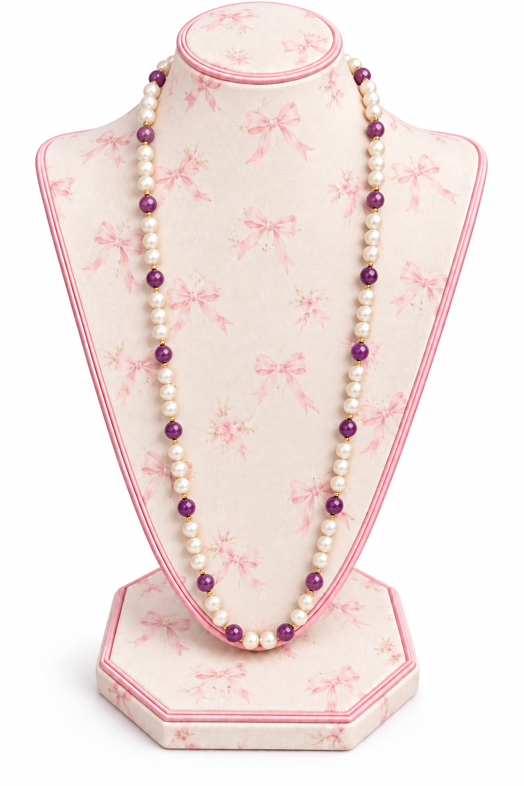 Vintage 1980s Faux Pearl & Purple Marbled Bead Long Necklace – 34”
