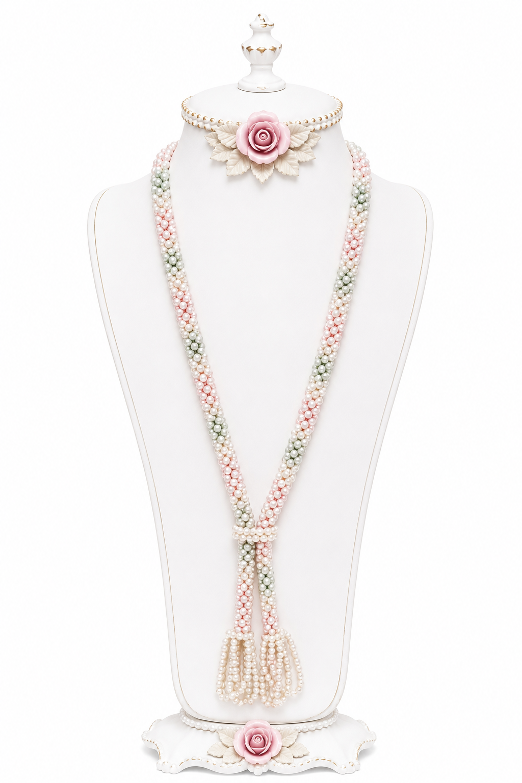 Vintage Pastel Beaded Tassel Necklace | 1980s Statement Necklace | Pink, Ivory & Sage Green Beads | 32” Long