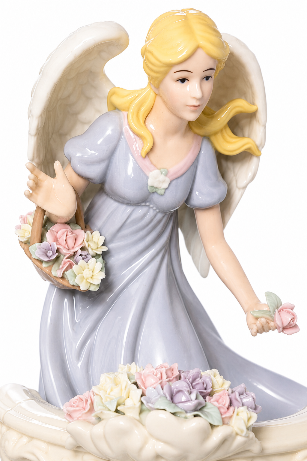 Vintage 2005 Member’s Mark Porcelain Angel Figurine with Flower Balustrade, Hand Painted
