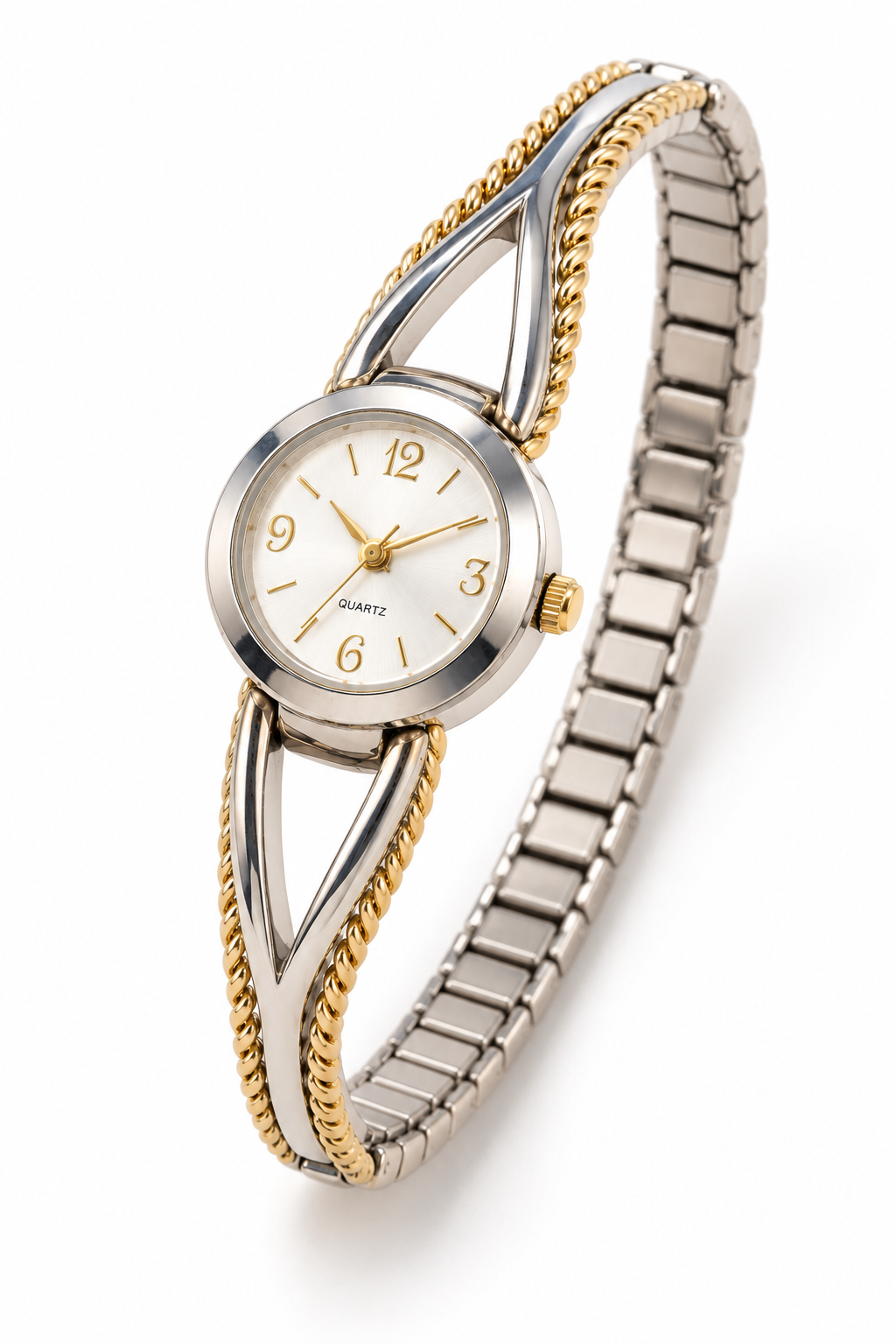 Vintage 1980s Women’s Two-Tone Wishbone Quartz Watch – Gold & Silver Tone Stretch Bangle