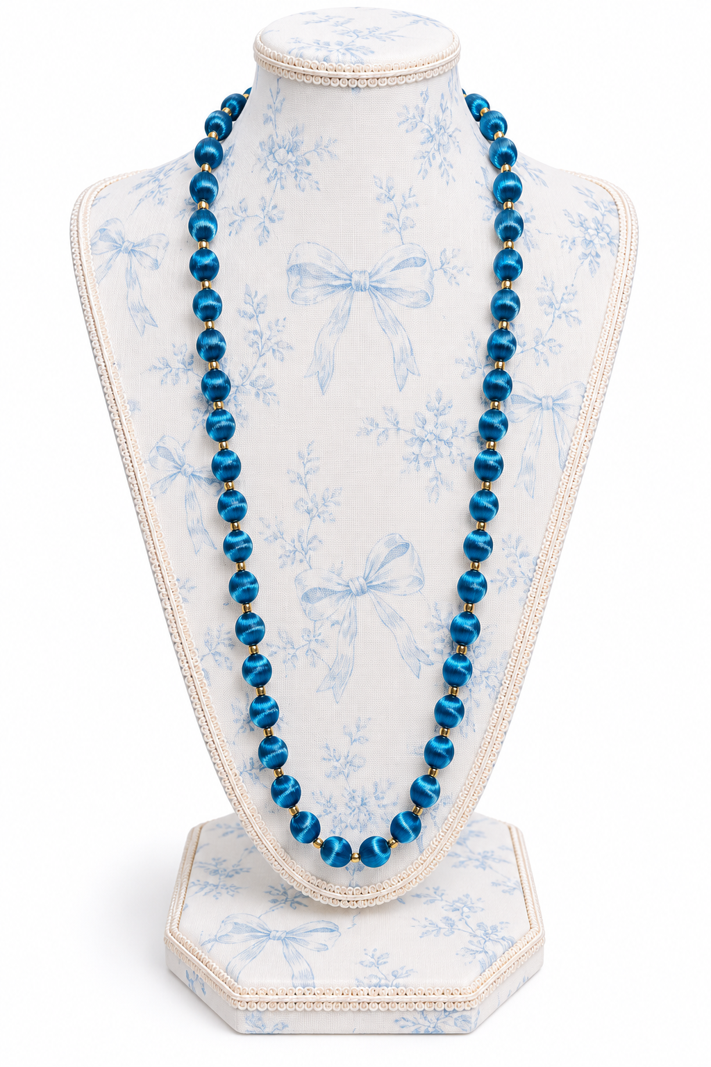 Vintage 1960s Teal Silk-Wrapped Bead Long Endless Necklace