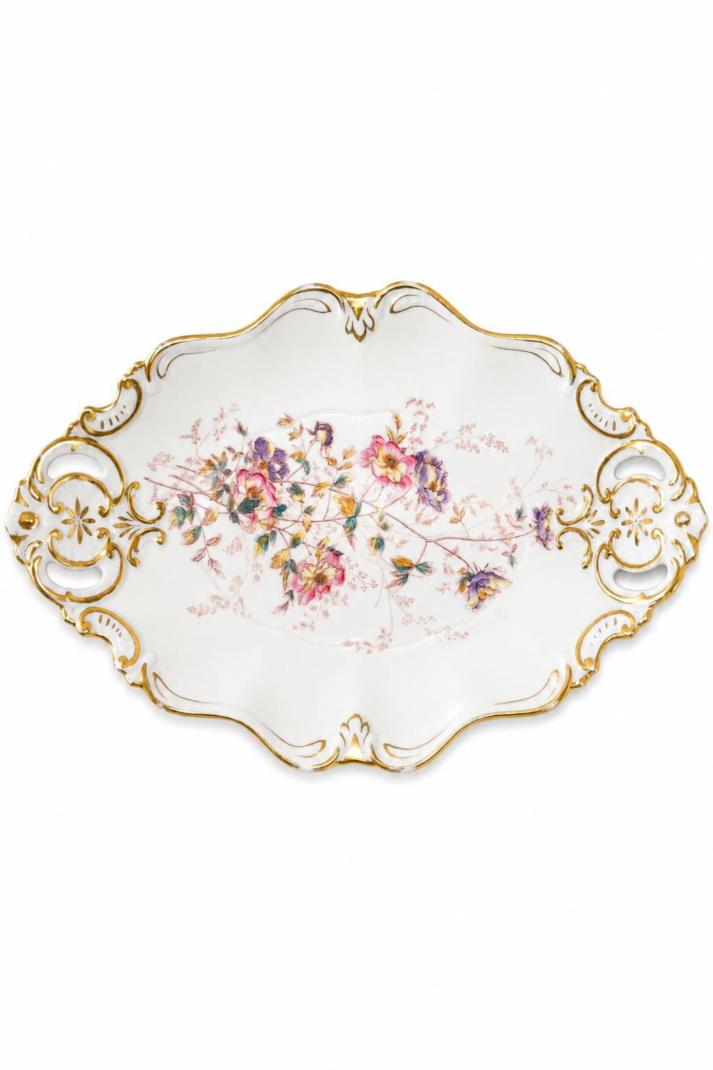 Antique KPM Germany Porcelain Handled Serving Bowl | Floral Gold Gilt Vanity Tray | Large German Porcelain Centerpiece