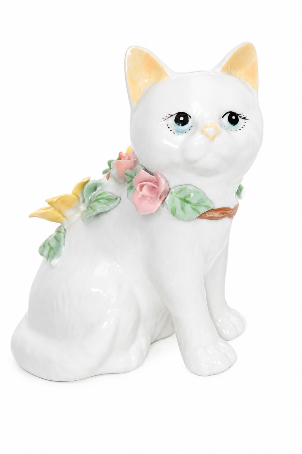 Vintage White Porcelain Cat Figurine with Applied Pink & Yellow Roses | Romantic Floral Kitty Statue | Cottage Décor