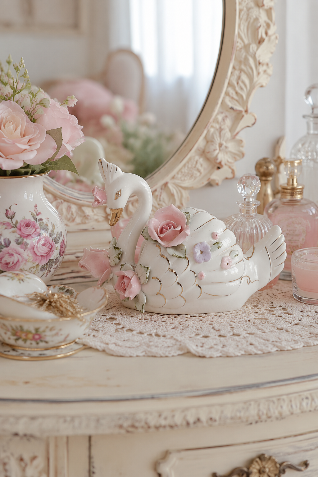 Medium Vintage Porcelain Swan Planter / Trinket Dish | Pink Roses | Gold Accents | Cottagecore Décor