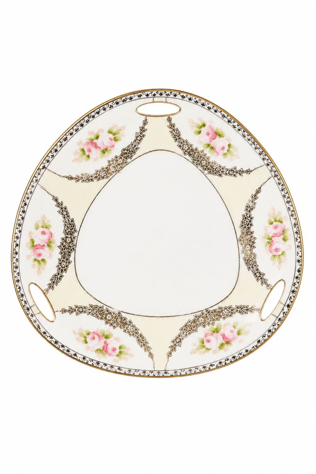 Antique Noritake Porcelain Bon Bon Dish | Triangular Rose Serving Bowl | Pierced Handle Candy Dish | Gold Gilt Floral Display | 1910s–1940s