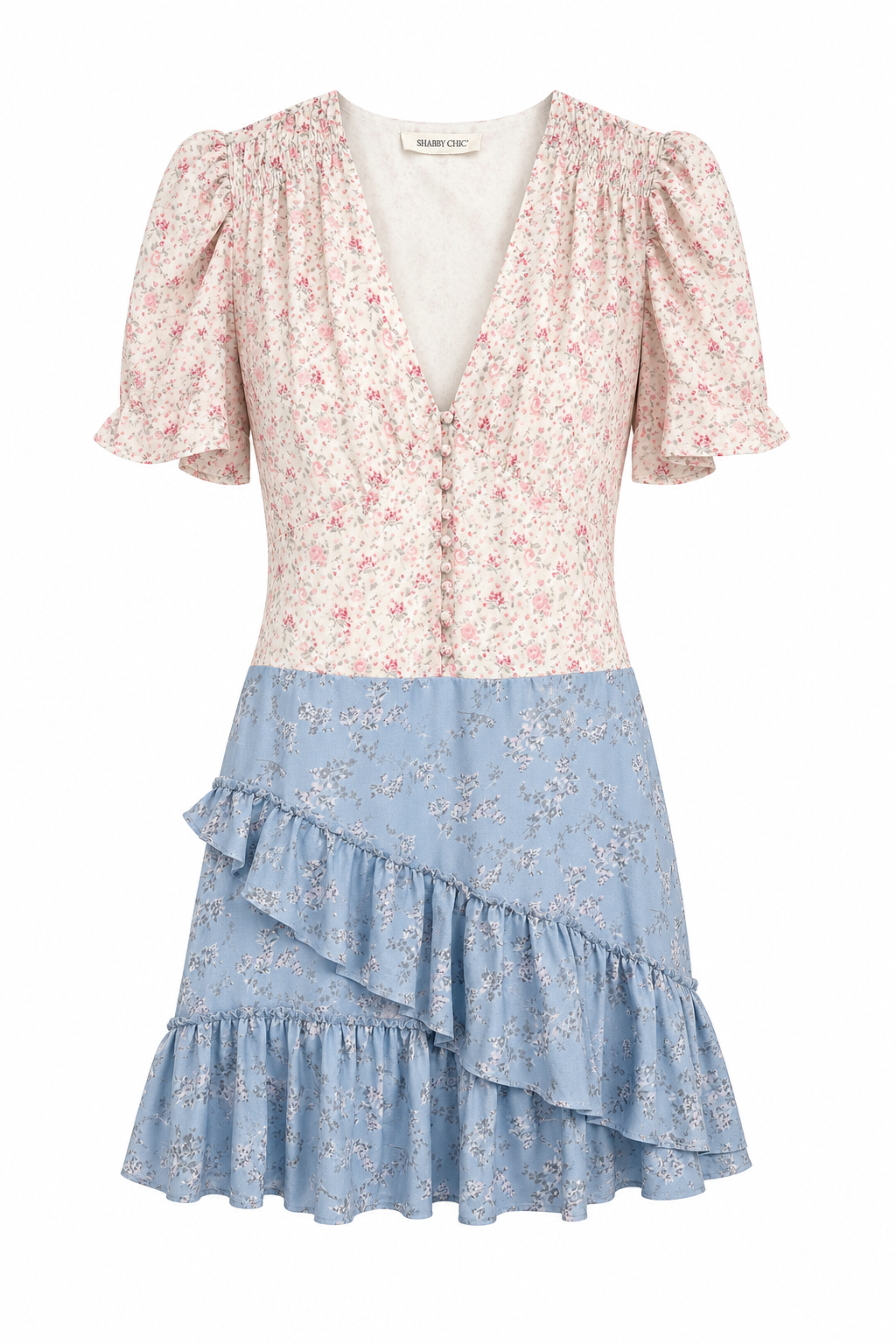 Shabby Chic Floral Ruffle Mini Dress | Cottagecore Blue & Pink Dress | Size Large