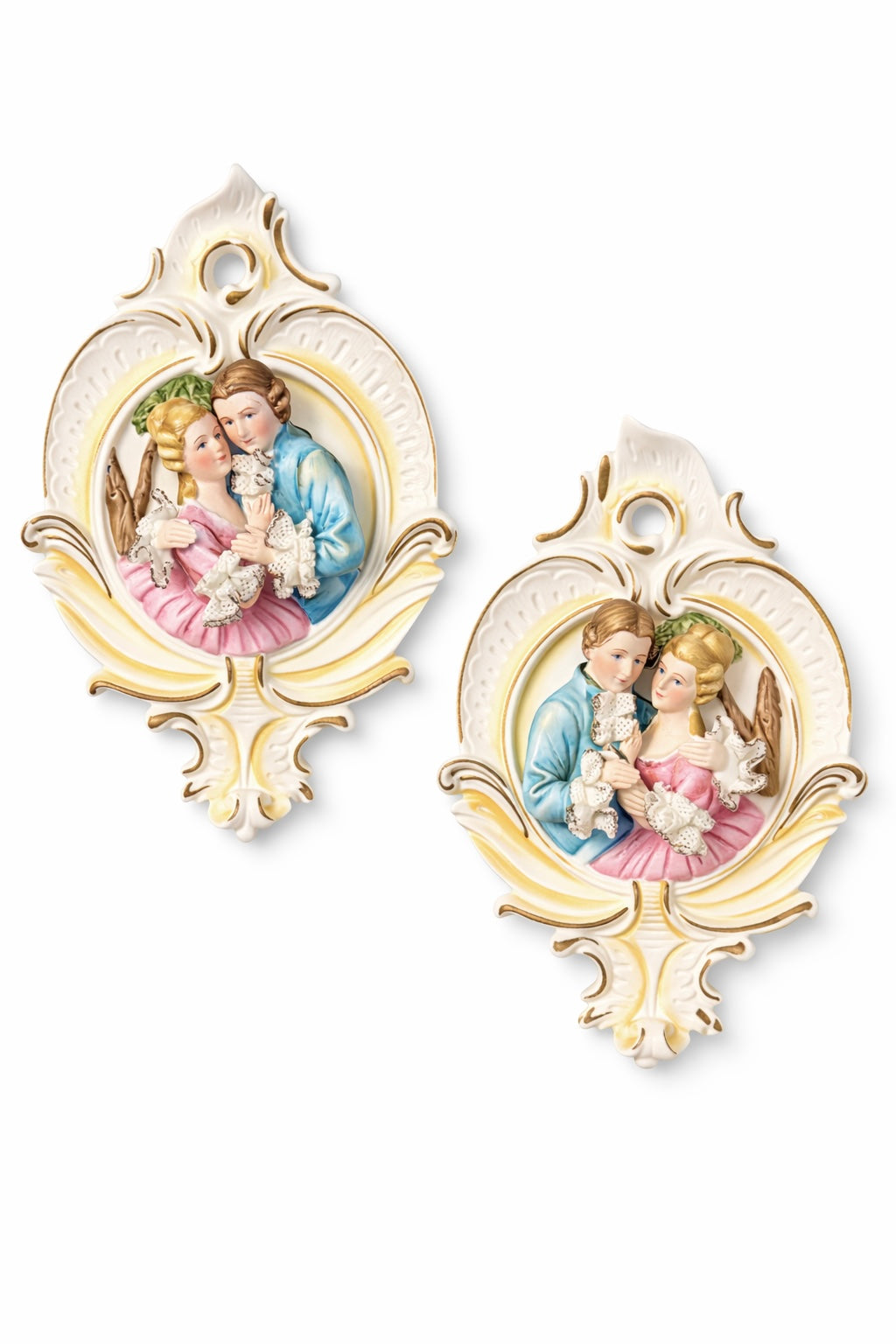 Vintage 1950s Rococo Style Wall Plaques | Romantic Couple Relief Set (Made in Japan)