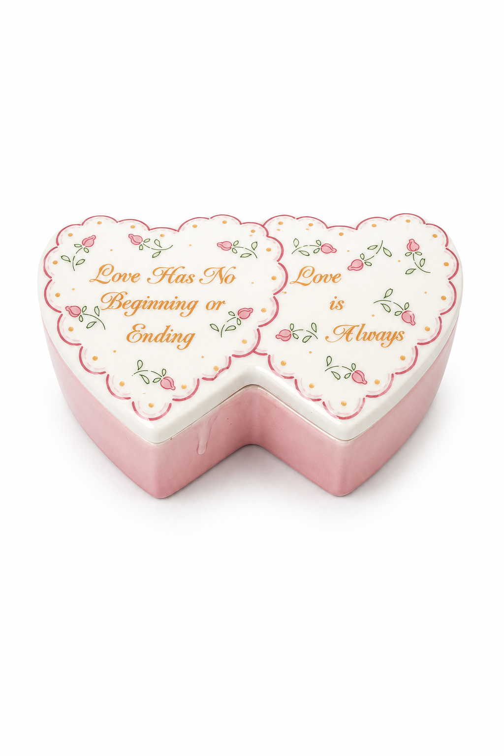 1980s Double Heart Trinket Box with Sentimental Love Quote | Vintage Pink Porcelain Keepsake Box | Romantic Vanity Decor