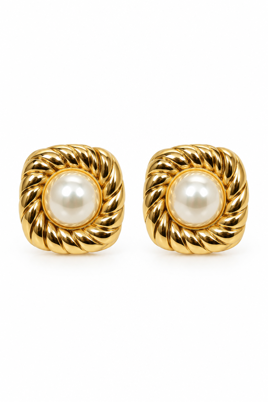 Vintage 1980s Gold-Tone Ribbed Swirl Faux Pearl Statement Stud Earrings