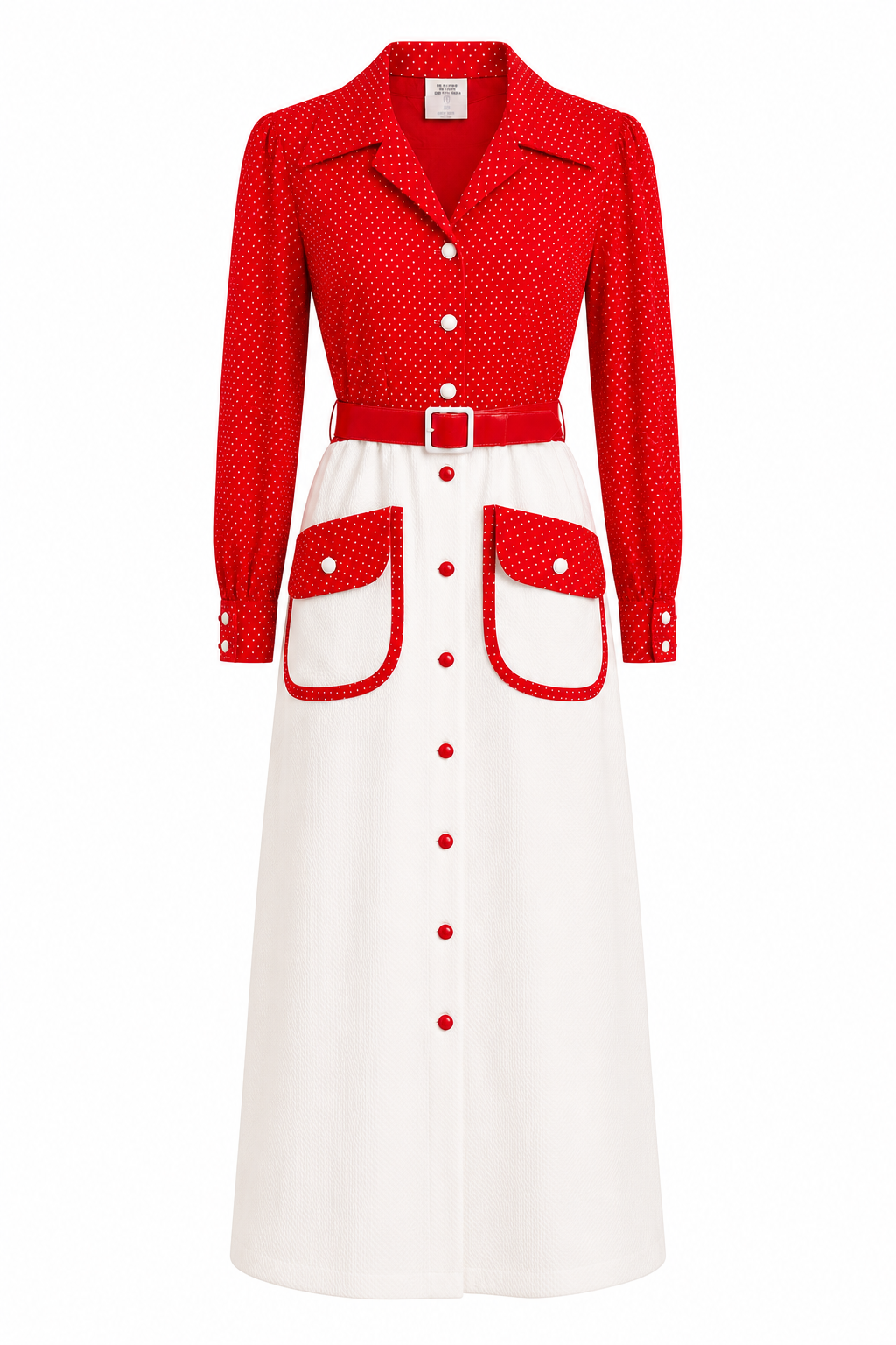 Vintage 1970s Red & White Polka Dot Shirt Dress | Belted Midi Dress | Size 10 (Fits S–M)