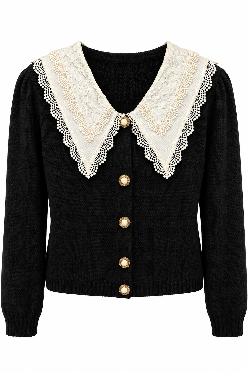 Vintage Black Knit Cardigan Sweater with Ivory Lace Statement Collar & Gold Tone Buttons – Approx. M/L