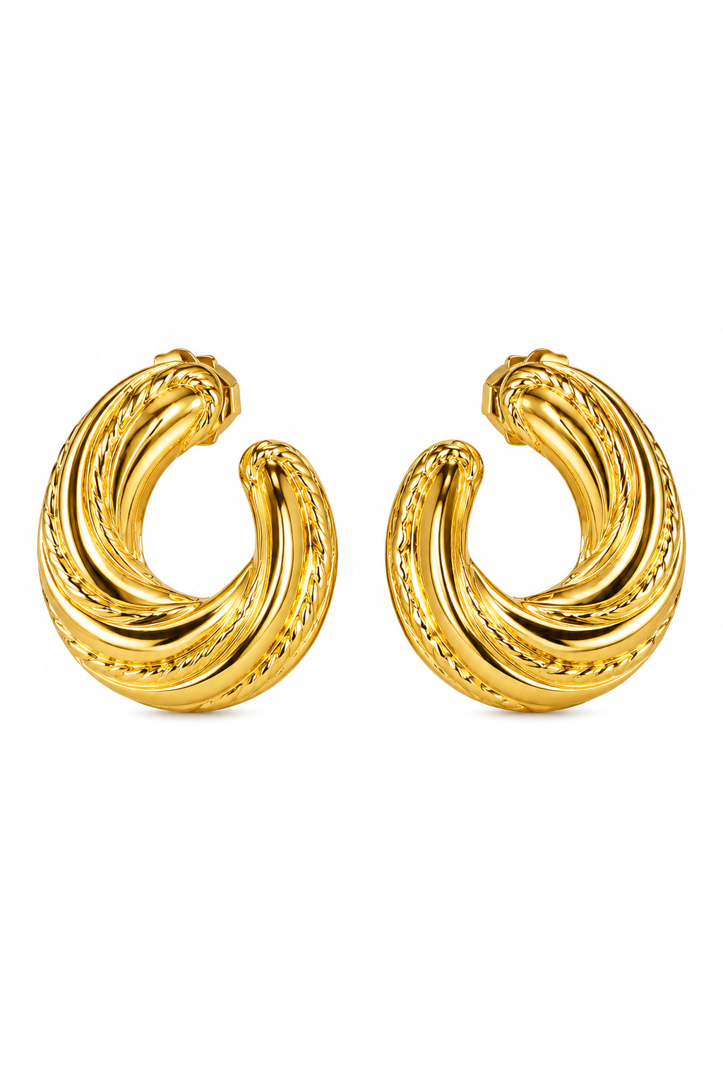 Vintage 1980s Gold Tone Twisted Rope Hoop Earrings – Textured Statement Studs – 1.5”