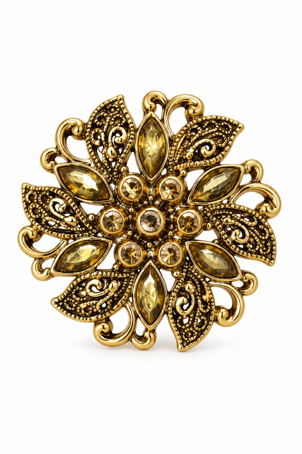 Vintage 1970s–1980s Gold Tone Filigree Floral Faux Brooch – 1.5”
