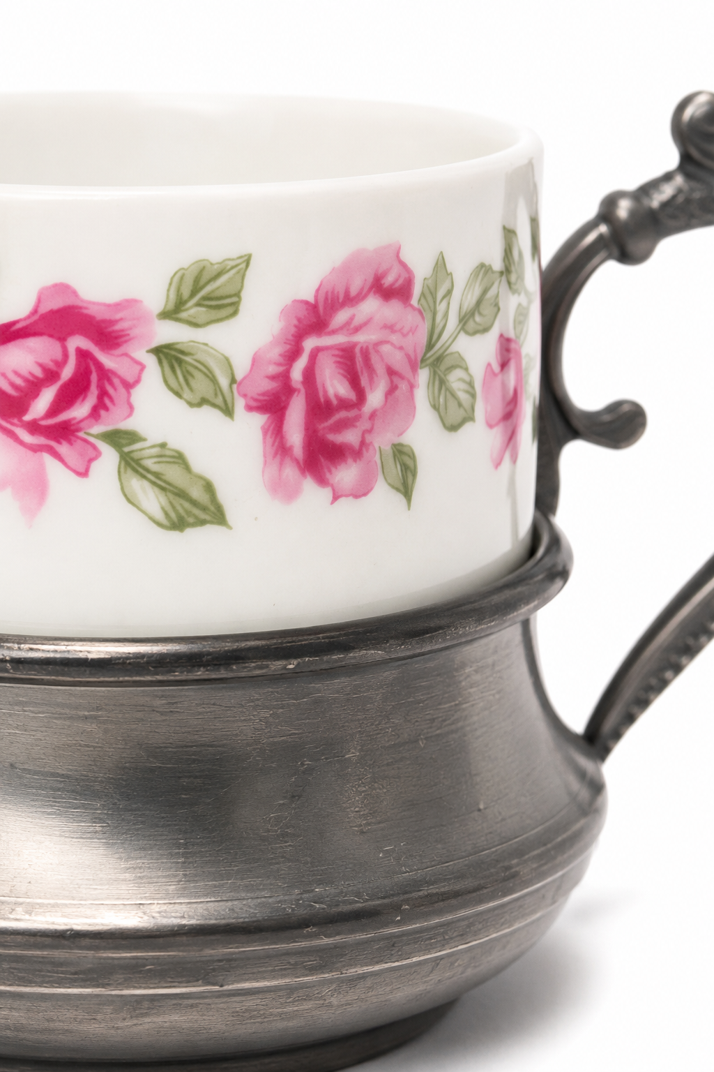 Vintage Italian Rose Espresso Cups with Ornate Pewter Holders – Set of 2 (1950s–1970s)