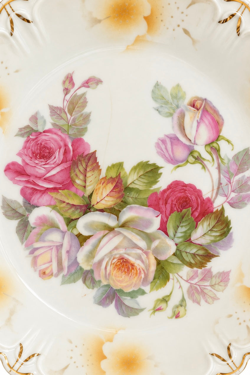 Antique c. 1890s–1920s German Porcelain Rose Floral Serving Plate – Double Handle Gold Trim