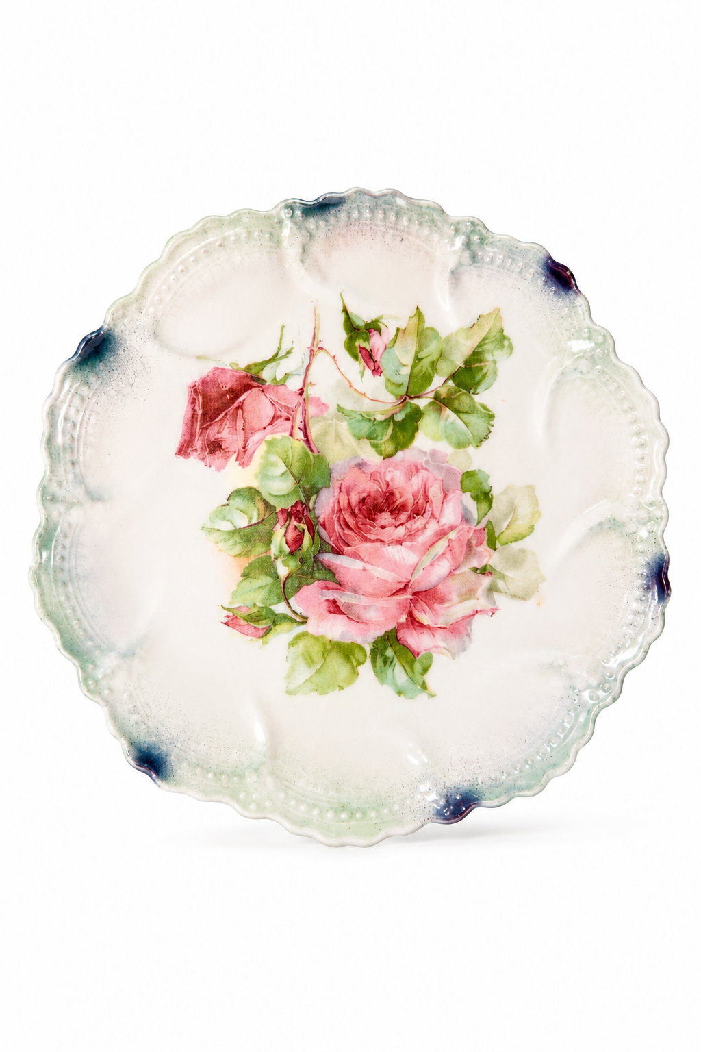 Antique Victorian Era German Porcelain Pink Rose Plate - Romantic Floral Decorative Wall & Vanity Plate | Sold Individually