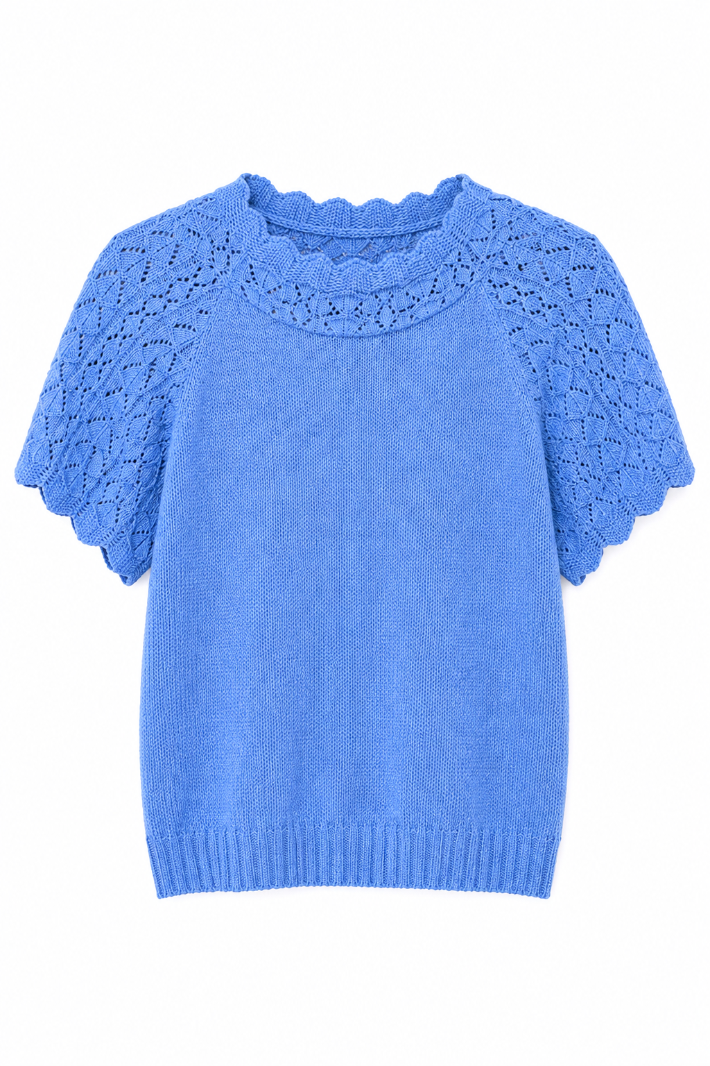 Vintage Haband Blue Knit Sweater Top | Pointelle Lace Short Sleeve Pullover – Size Large