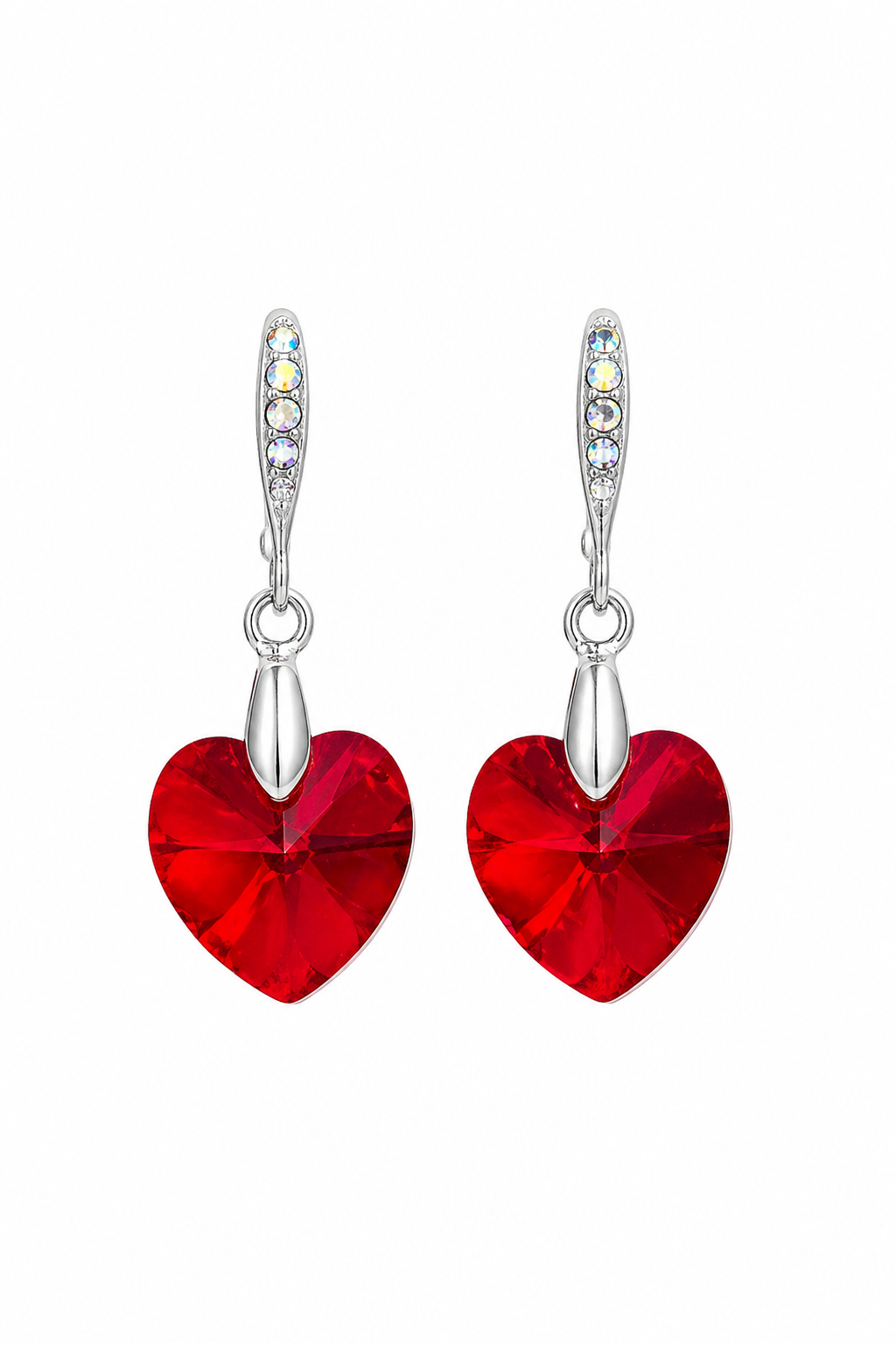 Red Crystal Heart Drop Earrings | Available in Silver or Rose Gold Tone
