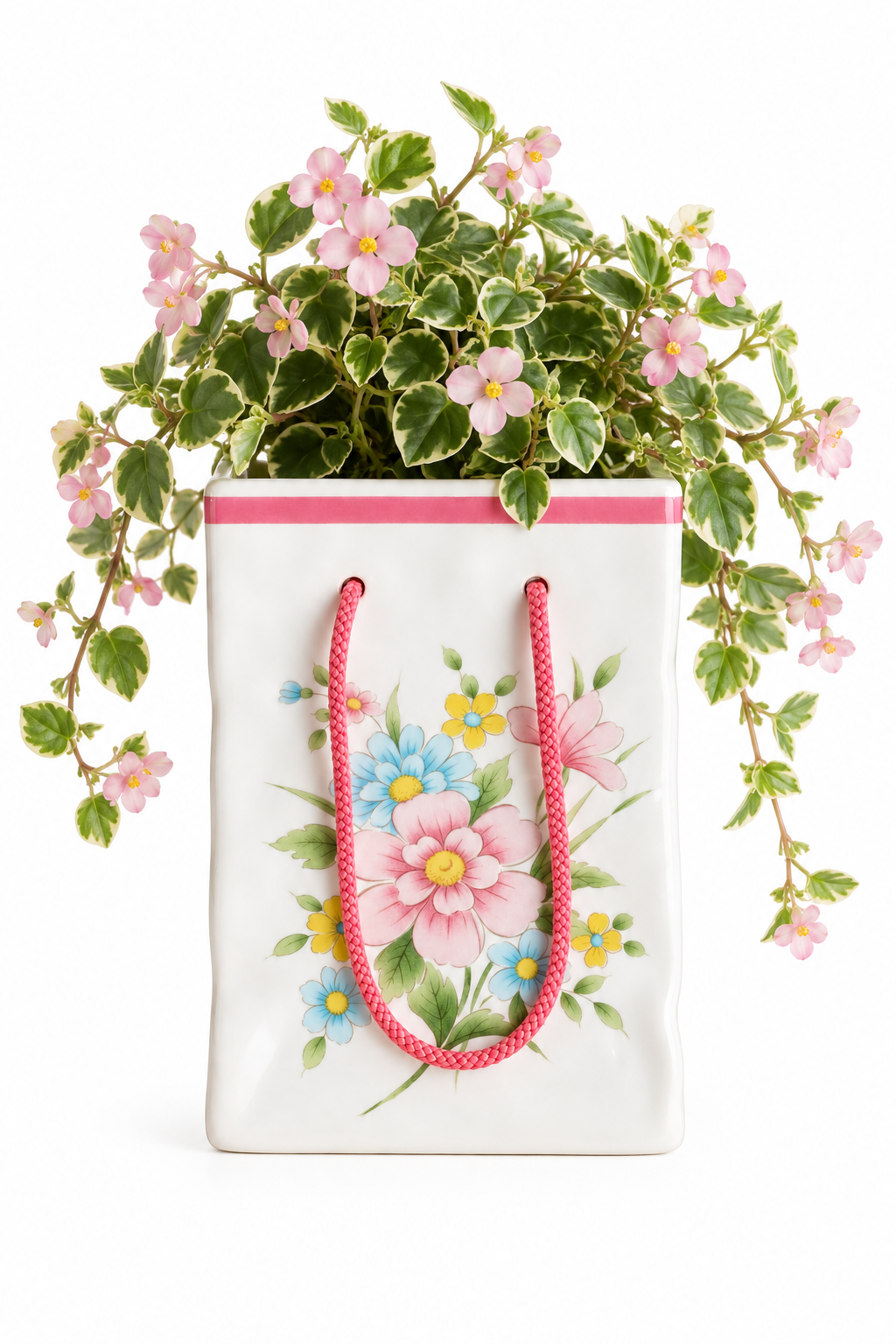 Vintage 1986 FTDA Japan Ceramic Floral Gift Bag Vase | Pink & Blue Flowers