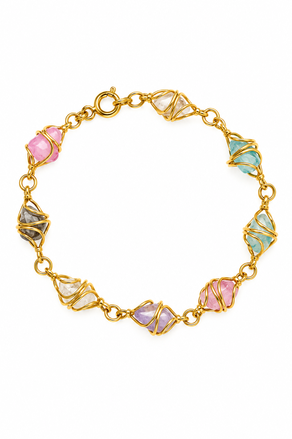 Vintage Multicolor Wire-Wrapped Stone-Style Bracelet – 8” Gold-Tone Pastel Beaded Jewelry