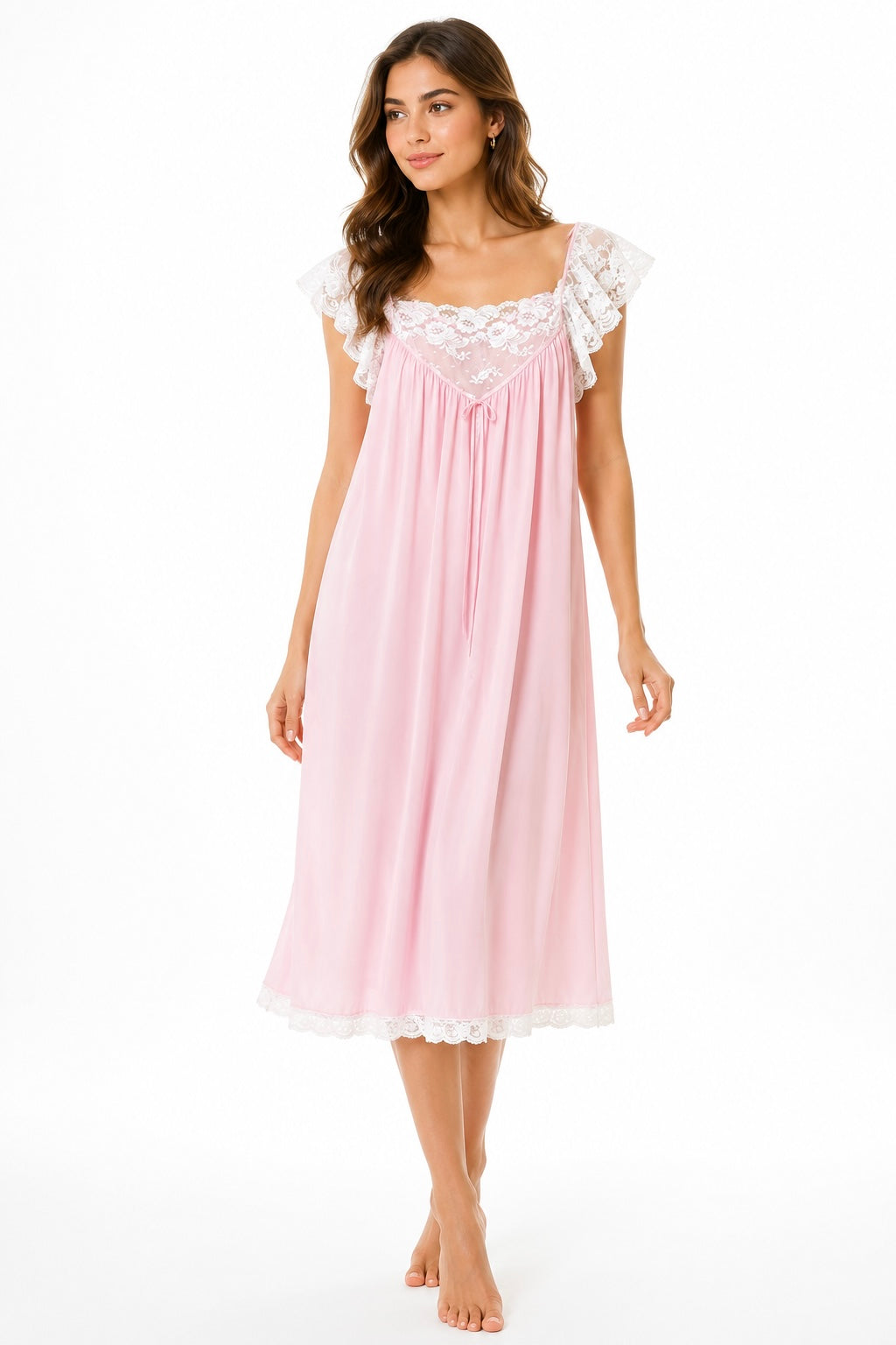 Vintage Miss Elaine Pink Lace Nightgown | 1970s Romantic Flutter Sleeve Maxi Gown | Union Made (M)