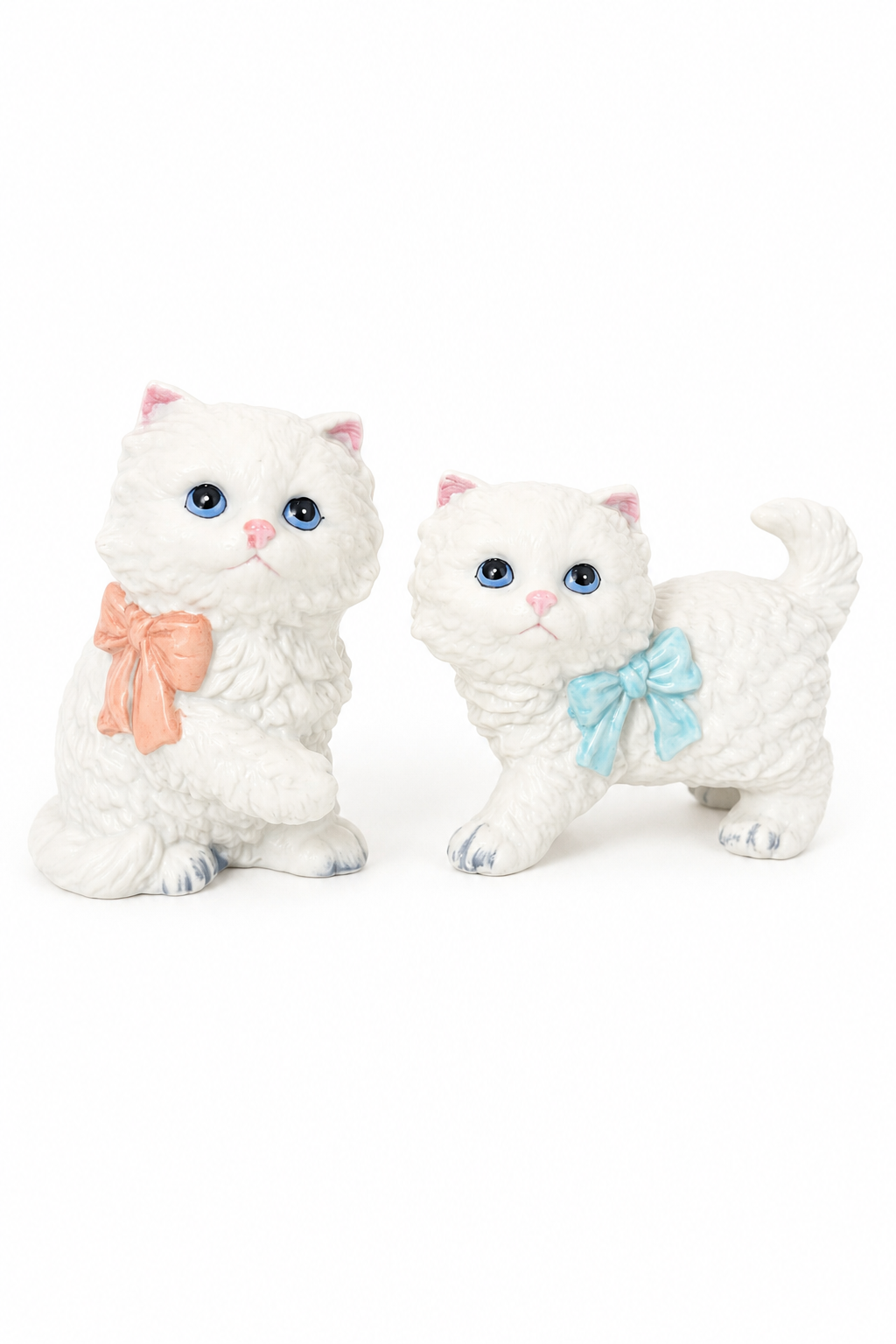 Vintage 1980s HOMCO White Persian Kitten Figurines Set | Blue & Pink Bow Cats | Sweet Nursery Cottagecore Decor