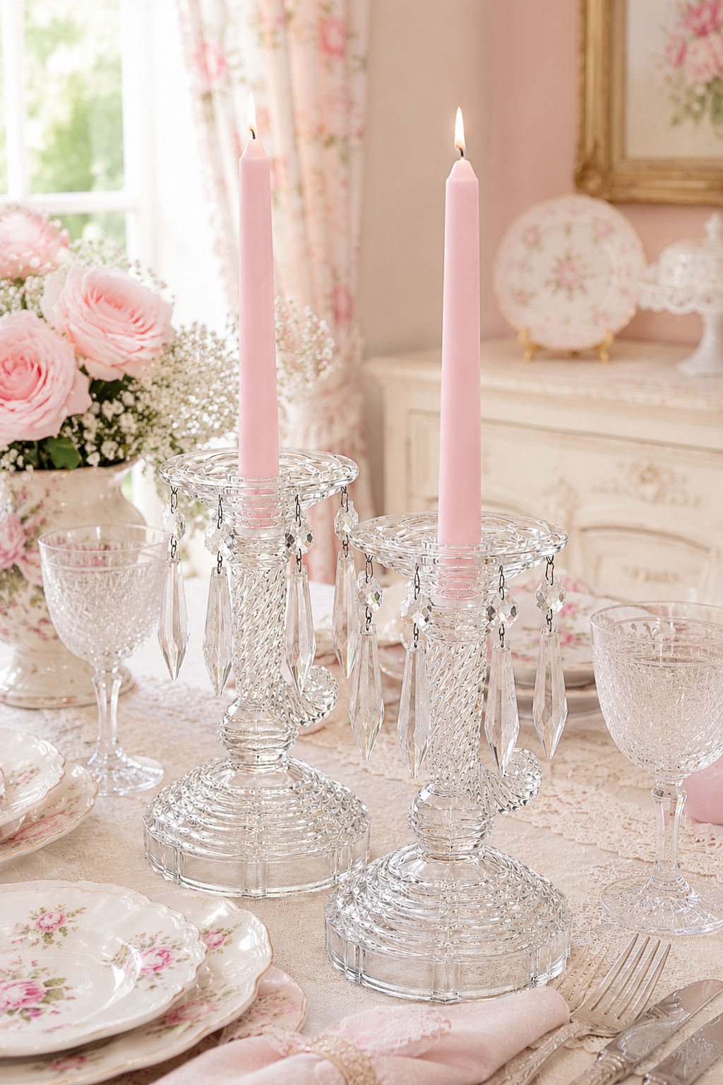 Vintage 1950s Indiana Glass Cornucopia Candlestick Holder Set | Crystal Prism Candle Holders | Set of 2