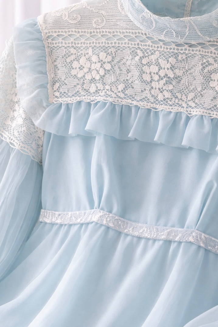 Vintage 1970s Light Blue Lace Maxi Dress | Sheer Sleeves, Romantic Prairie Style | Size XS/S