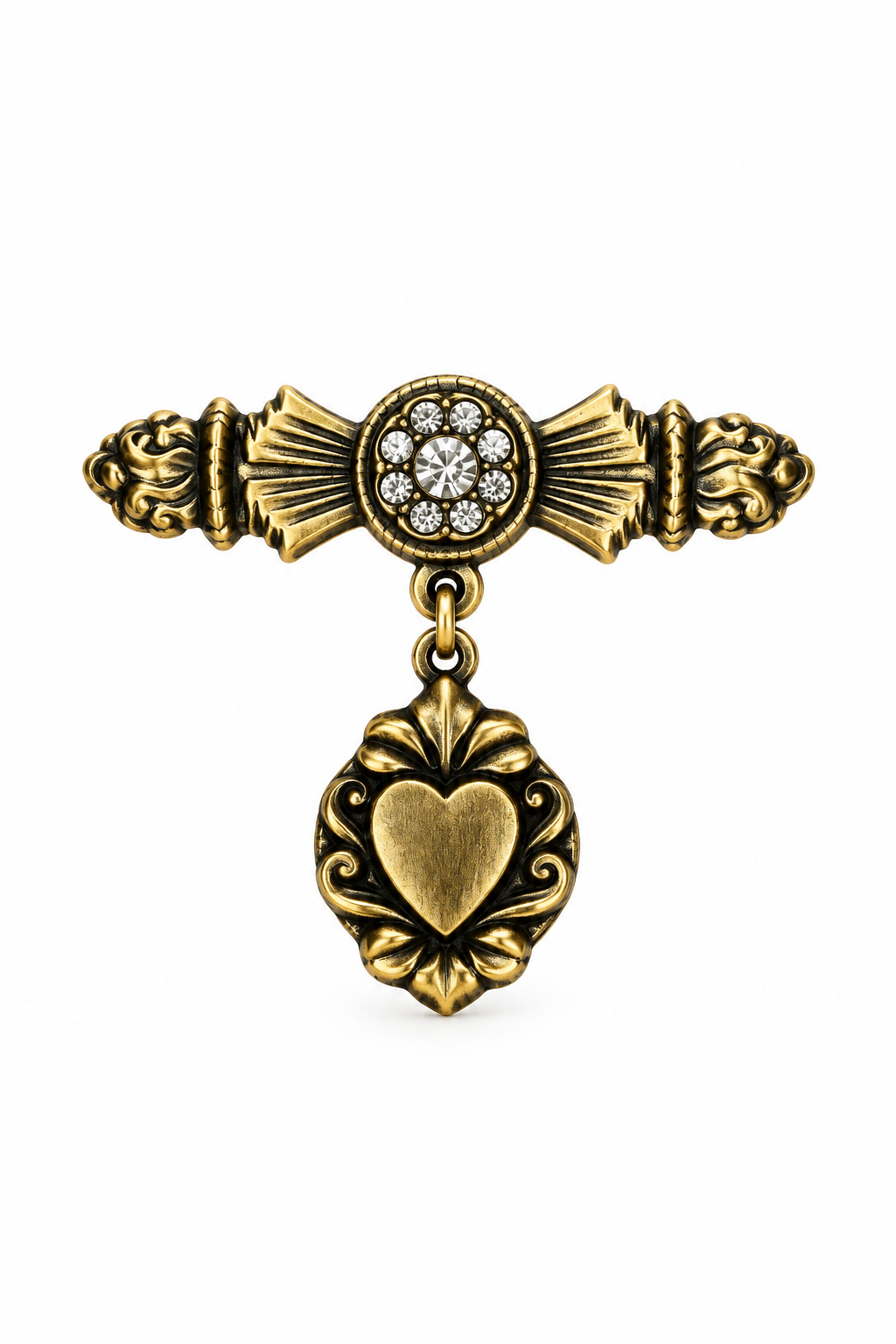Vintage 1970s–1980s Victorian Revival Gold-Tone Rhinestone Heart Dangle Brooch