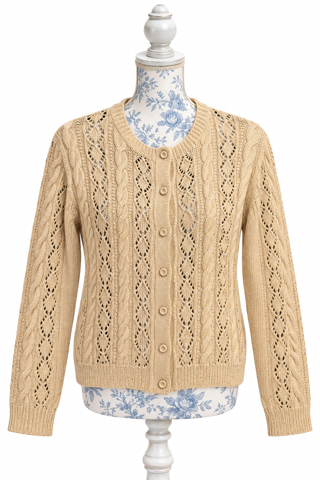 Vintage 1970s Light Brown Openwork Cable Knit Cardigan Sweater S/M