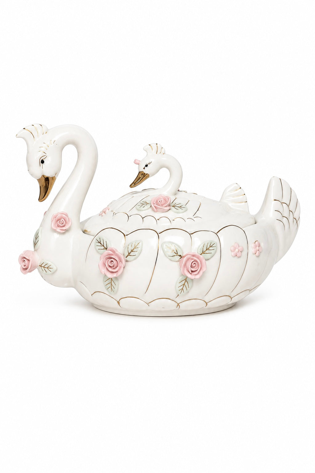 Vintage Large Porcelain Swan Trinket Dish with Lid – Pink Roses & Gold Accents