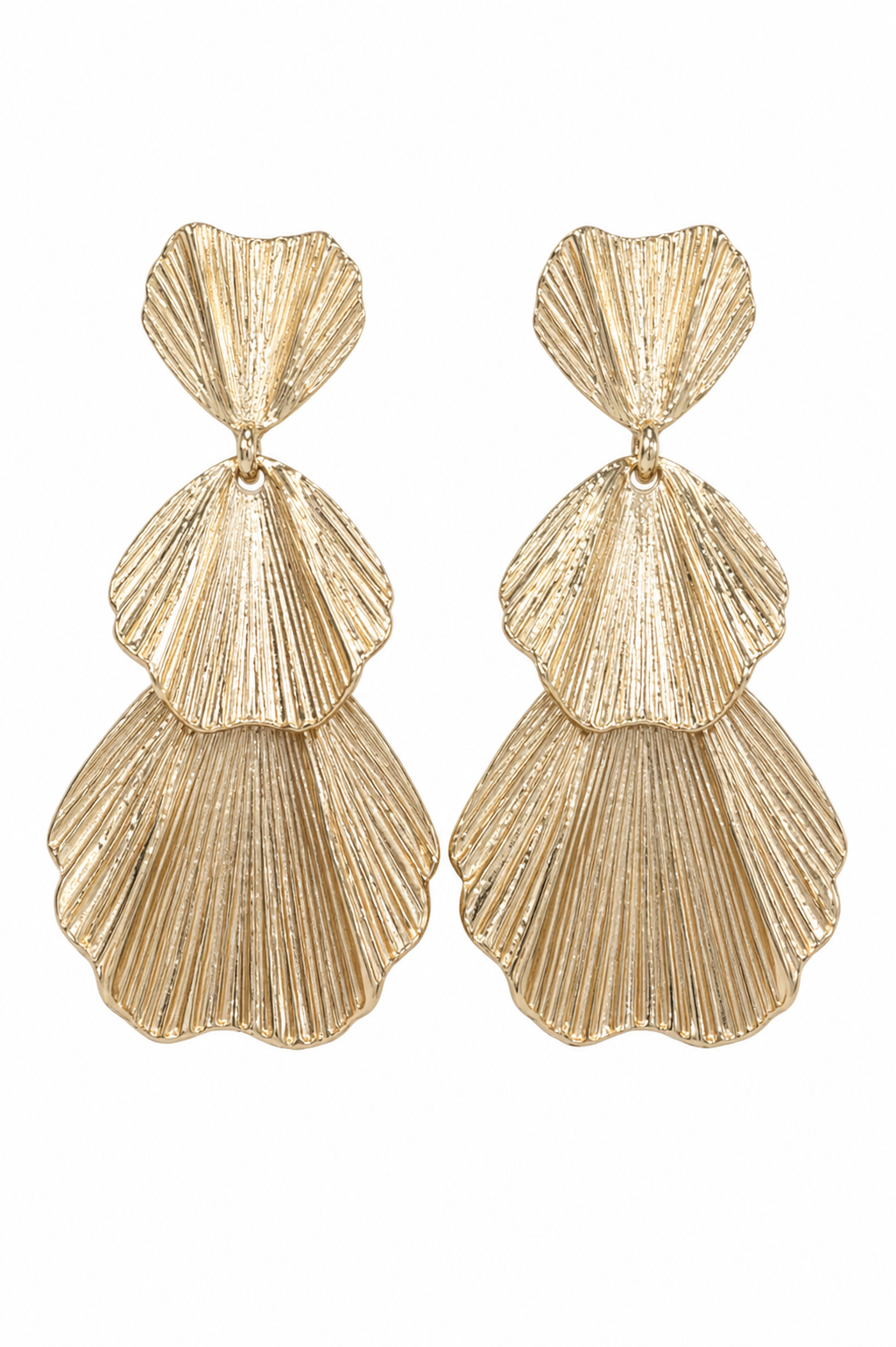 Gold Tone Layered Shell Drop Earrings | Statement Dangle Stud Earrings
