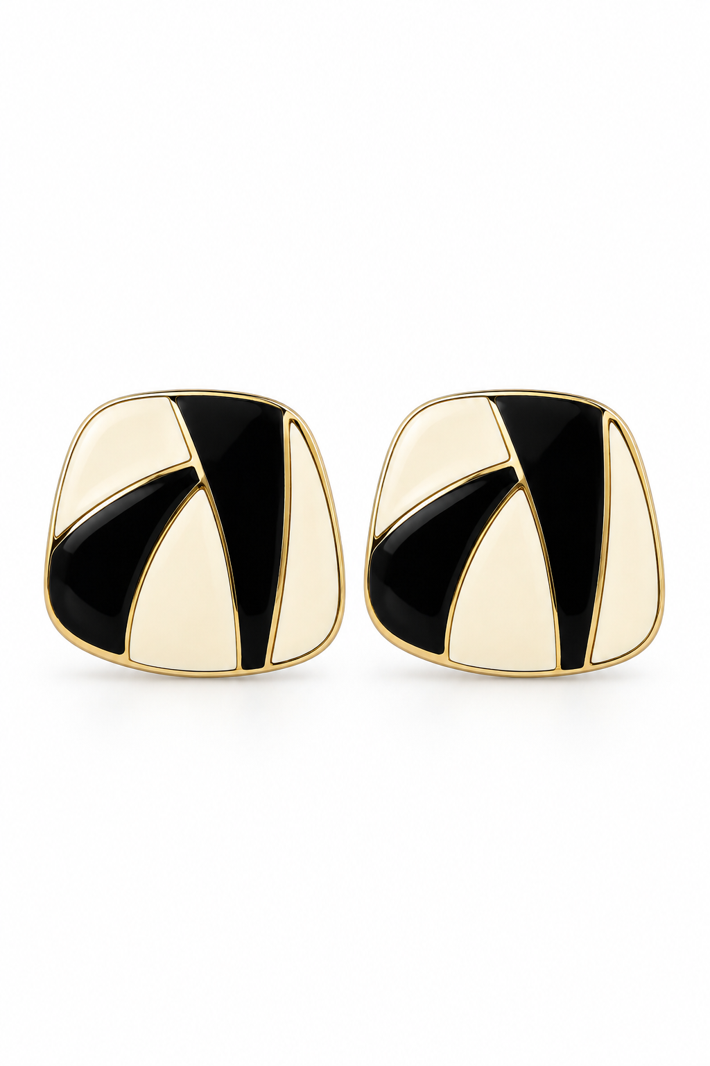 Vintage 1980s Black & Cream Enamel Gold-Tone Geometric Stud Earrings – 1”