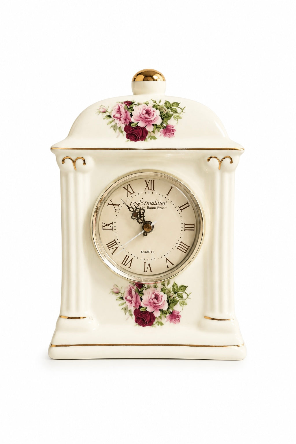 Vintage Formalities by Baum Bros Porcelain Rose Mantel Clock – 22K Gold Trim Victorian Style
