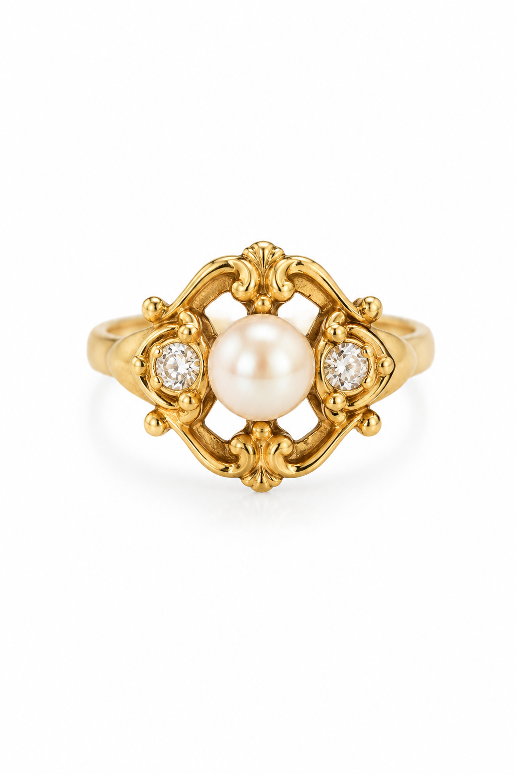 Vintage 1970s–80s Gold Tone Faux Pearl & Rhinestone Filigree Statement Ring 7