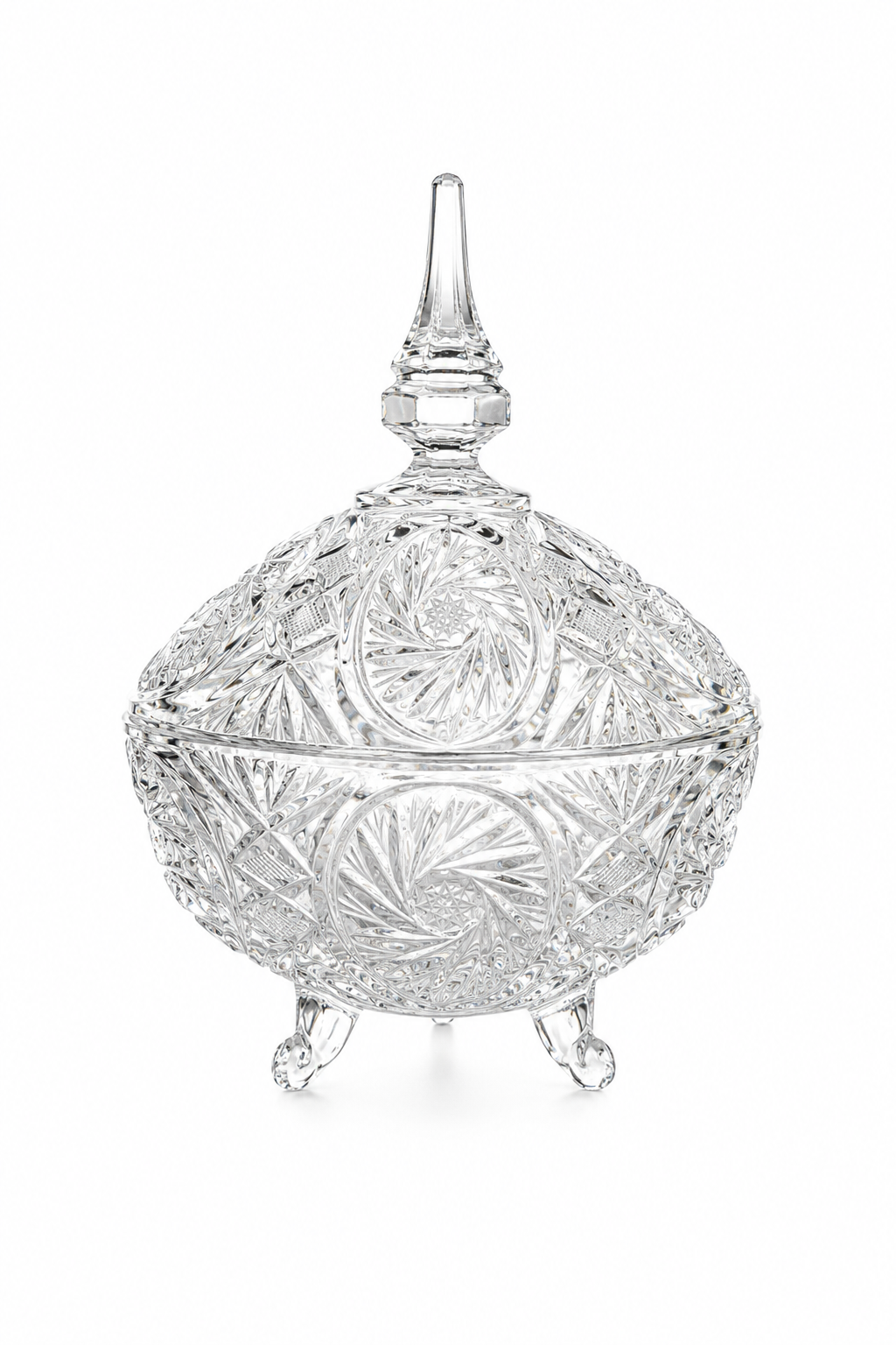 Vintage 1970s Cut Crystal Footed Candy Dish with Lid & Finial Top