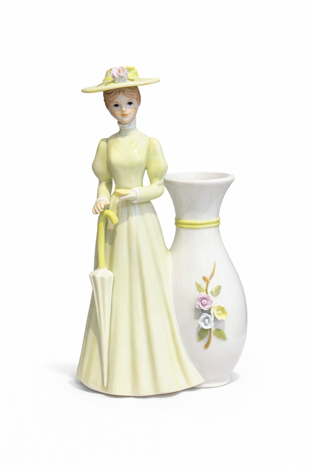 1980s Victorian Lady Figurine with Mini Vase | Romantic Desk Accent