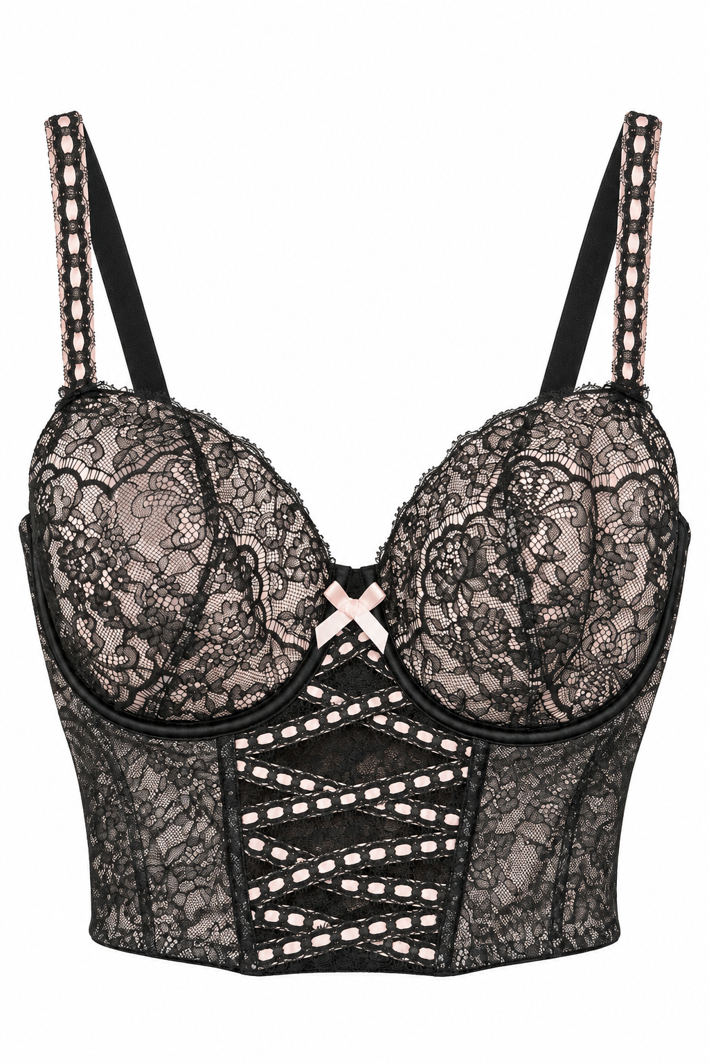 Victoria’s Secret Black Lace & Blush Pink Corset Bustier Bra – Size M-DD/E80