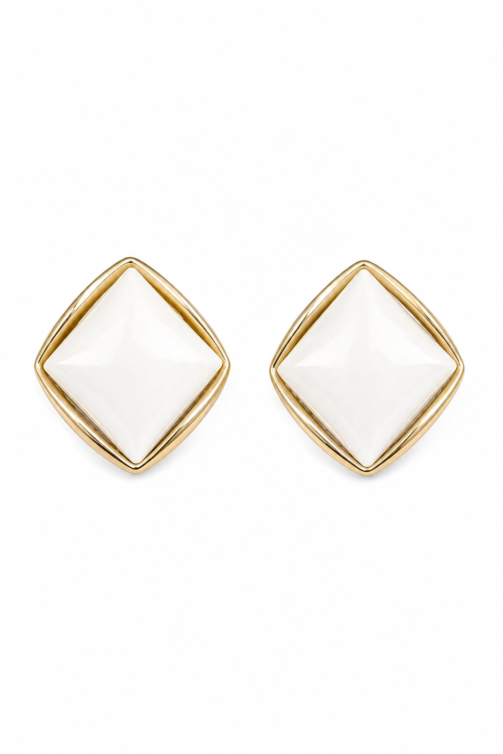 Vintage Gold Tone & White Geometric Clip-On Earrings | Square Statement Earrings