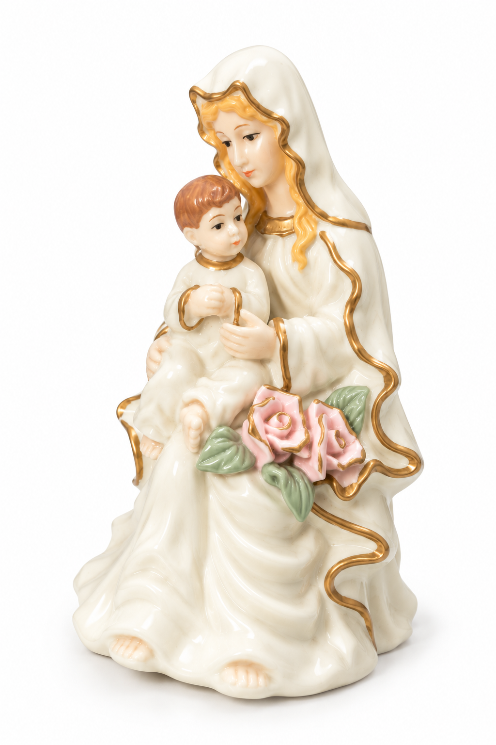 Vintage Virgin Mary & Baby Jesus Porcelain Figurine with Pink Roses & Gold Accents