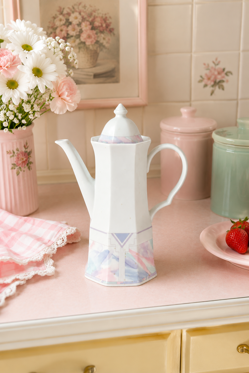 1990s Vintage Savoir Vivre Celina Porcelain Coffee Pot | Pastel Art Deco Coffee Server