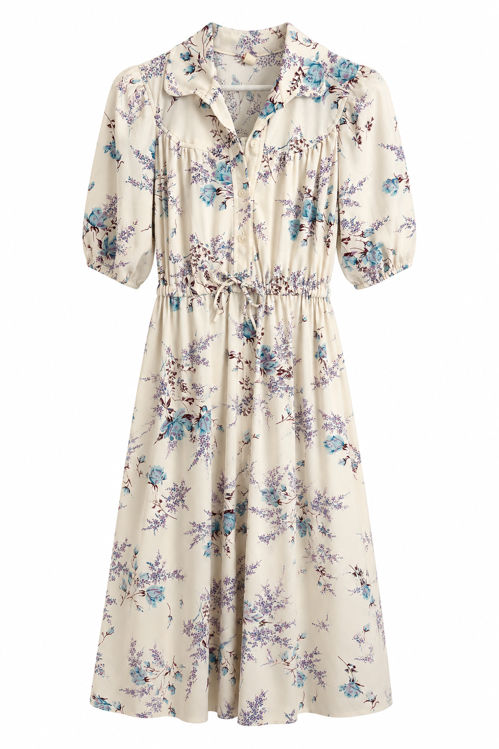 Vintage 1970s–1980s Floral Midi Dress – Cream Cottagecore Button Front Dress