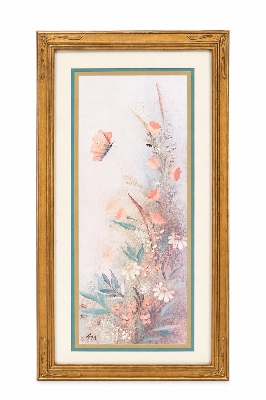 Vintage 1980s Teri Floral Art Print – Peach Wildflowers & Butterfly Ornate Gold Framed Cottagecore Wall Art