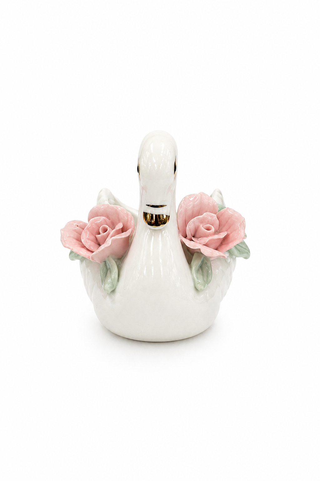 1980s Porcelain Swan Trinket Dish with Pink Roses | Vintage Jewelry Holder